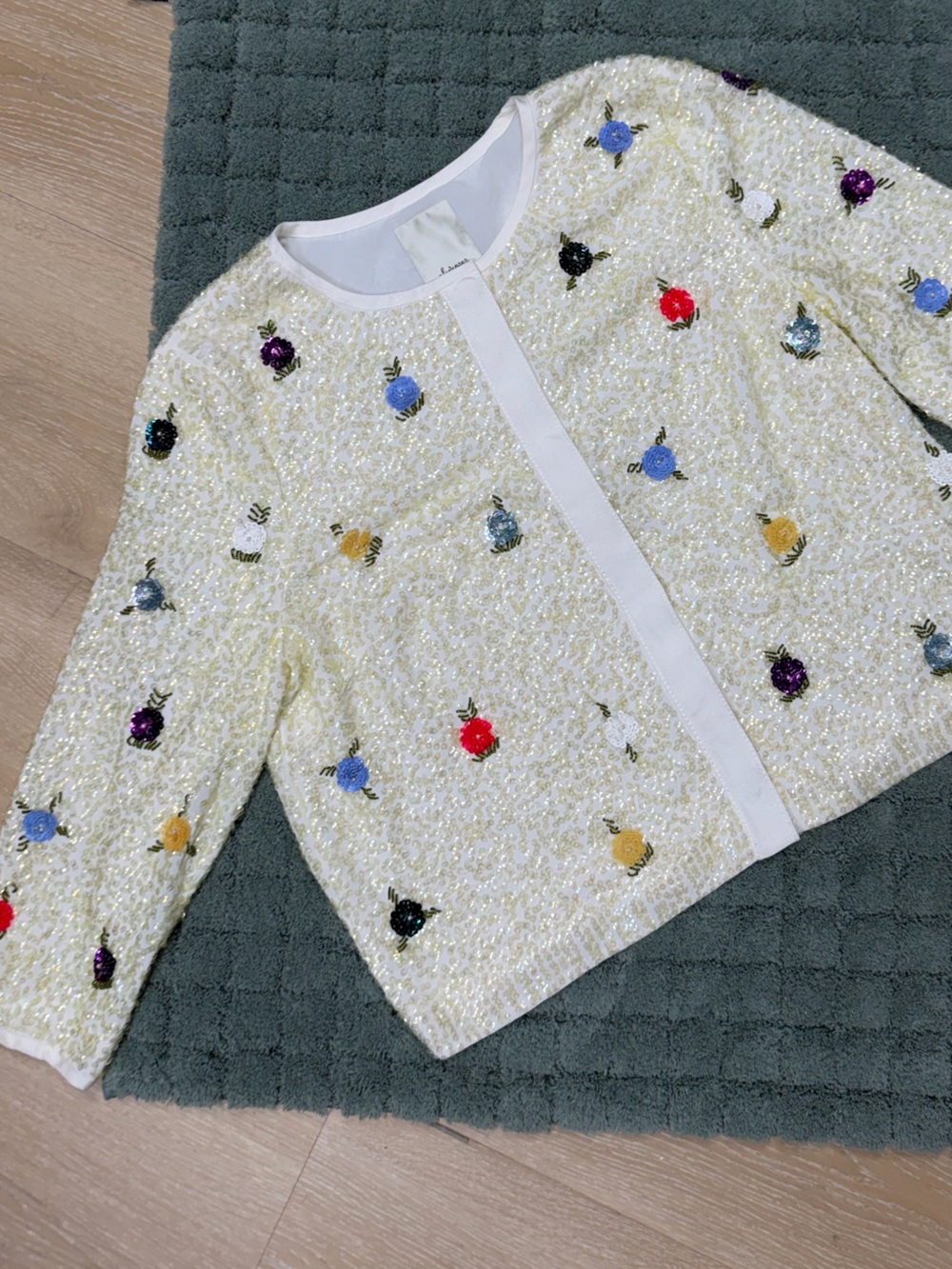 Anthropologie Elevenses Cream sequins floral snap Sweater Cardigan Large
